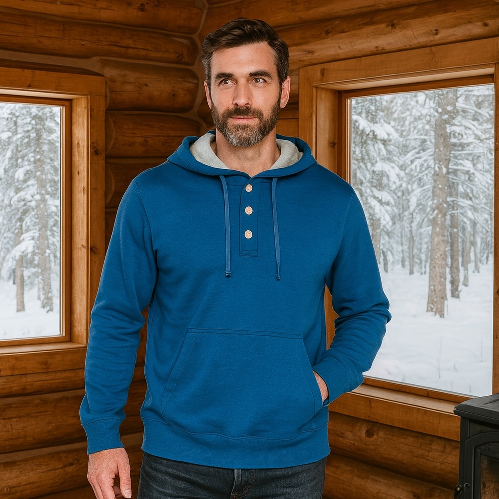 Bolivares Blue Henley Hoodie Sweatshirt XL‎ NWT Made in Peru Cozy Cabincore
